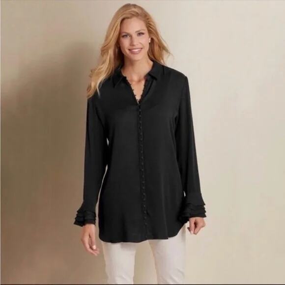 Soft Surroundings Poet Ruffle Cuff Blouse Black Tunic Large Button Up - Picture 1 of 8
